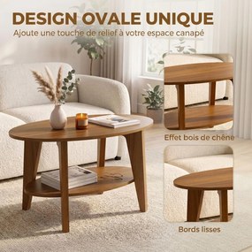 Mesa de Centro Oval, 80 x 50 x 45 cm, Arrumação em Dois Níveis, Cor Carvalho