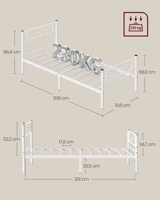 Cama 90 x 200 cm em metal (colchão não incluido), montagem simples, branco mate