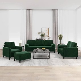 vidaXL 4pcs conjunto sofás c/ almofadas/almofadões veludo verde-escuro