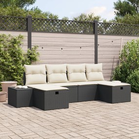 Conjunto de Sofá de Jardim de 6 Peças com Almofadas Preto Rattan PE