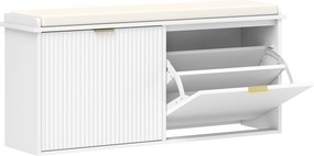 HOMCOM Banco Sapateira Móvel Sapateira Estreito com Assento Estofado 2 Caixas Rebatível e Painel de Ripas 104x26x47,5 cm Branco | Aosom Portugal