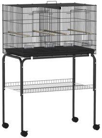 PawHut Gaiola para Pássaros com Divisória Rodas Gaiola para Aves com Comedouros Poleiros e Bandeja Removível 76x46x116 cm Preto | Aosom Portugal