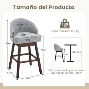 Conjunto de 2 bancos de bar giratórios com pernas de madeira de borracha encosto almofadado tecido de linho e rebite 55 x 53 x 105 cm Cinzento