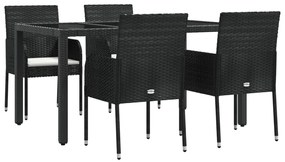 5 pcs conjunto de jantar p/ jardim c/ almofadões vime PE preto