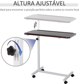 Mesa Auxiliar com Rodas para Sofá e Cama Altura Ajustável e Estrutura de Aço 77x40x76-100 cm Nogueira Escura