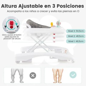Andarilho dobrável para bebés 0-24 meses Centro de actividades com 3 alturas ajustáveis Assento almofadado Andarilho com rodas Cinzento
