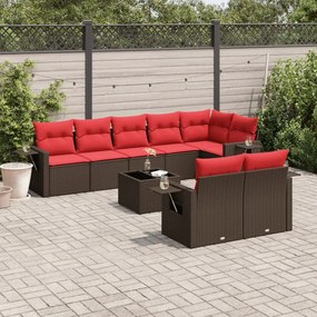 vidaXL 9 pcs conjunto sofás p/ jardim c/ almofadões vime PE castanho