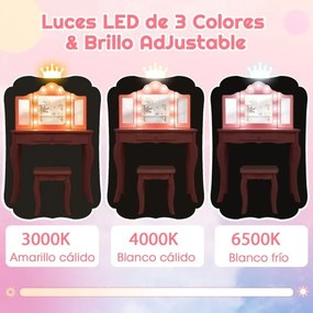 Conjunto de toucador e banco para raparigas 2 em 1 com espelho de vidro real triplo rebatível e gaveta Rosa
