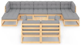 10 pcs conjunto lounge de jardim c/ almofadões pinho maciço