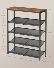 Sapateira com 5 níveis e prateleiras de grelha ajustáveis 30 x 75 x 93 cm Castanho + Preto