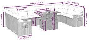 11 pcs conjunto sofás de jardim c/ almofadões vime PE preto