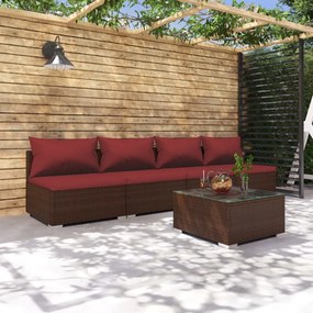 vidaXL 5 pcs conjunto lounge jardim c/ almofadões vime PE castanho