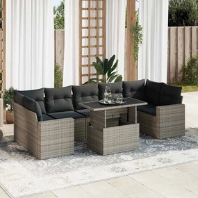 8 pcs conjunto sofás de jardim c/ almofadões vime PE cinzento