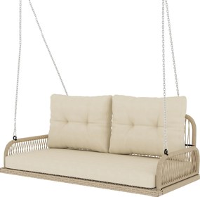 Banco suspenso de exterior para 2 pessoas em resina trançada com almofadas e correntes de aço, 115 x 66 x 44 cm, bege