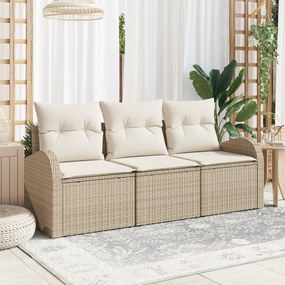 Conjunto de Sofá de Jardim de 3 Peças com Almofadas Bege Polirattan