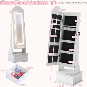 Armário para joias infantil 30,5 x 30,5 x 117,5 cm com espelho de corpo inteiro e 4 luzes com sensor estilo princesa Branco