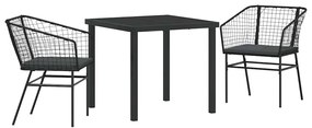 Conjunto de Jantar de Jardim com 3 Peças e Almofadas Pretas em Rattan