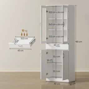 Armário de Cozinha 60x35x180 cm com 2 Armários e uma Gaveta, Prateleiras Reguláveis e Portas de Vidro Branco