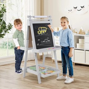 Cavalete de arte dobrável de dupla face 3 em 1 para crianças + 3 anos com quadro negro e rolo de papel substituível 3 copos bandejas Cinzento