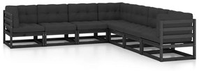 vidaXL 7pcs conjunto longue de jardim c/ almofadões pinho maciço preto