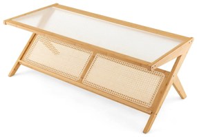 Mesa de centro de bambu de 2 camadas com prateleira de armazenamento superior de vidro para sala de estar 120 x 56 x 44,5 cm natural