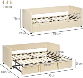 Estrutura de Sofá-Cama 2 em 1, 203 x 190,5 x 75 cm, (COLCHÕES NÂO INCLUIDOS)  Cabeceira Acolchoada Creme