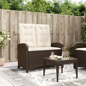 vidaXL Banco de jardim reclinável com almofadões vime PE castanho