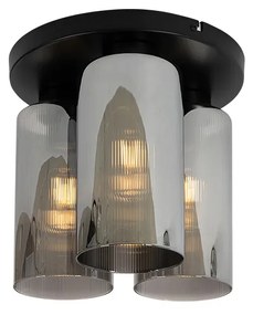Candeeiro de teto Art Déco preto vidro fumê 3 luzes - Laura Art Deco