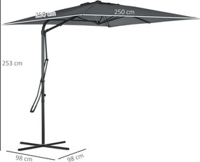 Guarda-sol quadrado com haste lateral, 2,5 x 2,5 m, com proteção UV e base em cruz incluída, cinzento escuro