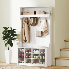 Móvel entrada, Hall 4 em 1 com banco 100 (C) x 35 (P) x 172,2 (A) cm, com 12 compartimentos para sapatos, 6 ganchos e prateleira aberta, branco
