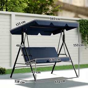 Baloiço de Jardim Exterior de 3 Lugares com Toldo Ajustável e Estrutura de Aço 172x118x153 cm Azul-Marinho
