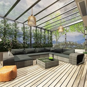 10 pcs conjunto lounge de jardim c/ almofadões vime PE cinzento
