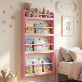 Estante infantil de parede com 4 níveis 56 x 12 x 107 cm, prateleiras abertas, barras de segurança e bordas elevadas para quarto infantil ou sala de a