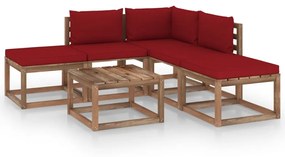 6 pcs conjunto lounge para jardim com almofadões vermelho tinto