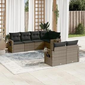 7 pcs conjunto sofás p/ jardim c/ almofadões vime PE cinzento
