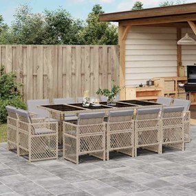 vidaXL 13 pcs conj. jantar jardim c/ almofadões vime PE bege misturado