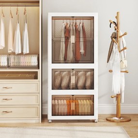 Caixas de arrumação dobráveis 421 L  71 x 46 x 156 cm com tampa de plástico portátil com 10 ganchos 2 Rodas Branco + Castanho
