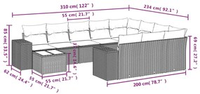 11 pcs conjunto sofás de jardim c/ almofadões vime PE cinzento