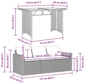 2 pcs conjunto de jantar p/ jardim c/ almofadões vime PE preto