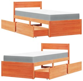 Cama com gavetas e colchão 100x200 cm pinho maciço castanho-mel