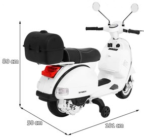 Vespa elétrica para Crianças 12V Scooter, Rodas Espuma EVA assento couro ecológico Branca