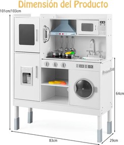Cozinha de brincar madeira 83 x 29 x 103 cm para crianças a partir dos 3 anos com exaustor, máquina de gelo, telefone, 16 acessórios, sons e luzes rea