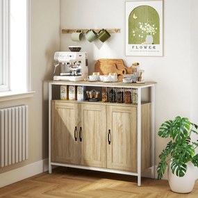 Aparador 100 x 35 x 88 cm, móvel de arrumação de cozinha ou sala com 3 portas, compartimento aberto e 4 prateleiras ajustáveis, madeira cor natural