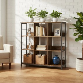 Estante com 3 prateleiras 100 x 30 x 103,1 cm, estante para livros com 9 compartimentos, Castanho vintage-preto