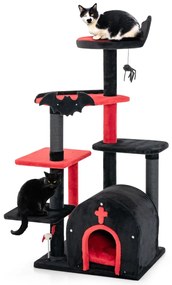 Arranhador gótica para gatos 134 cm com cama pompom e bolas de mola Centro de atividades de 6 níveis Vermelho e preto