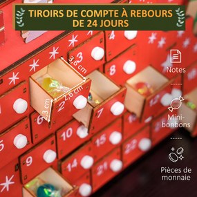 Calendário do Advento de madeira para encher, decoração de Natal com 24 gavetas, Pai Natal e trenó, 22,5 x 8 x 36 cm, vermelho