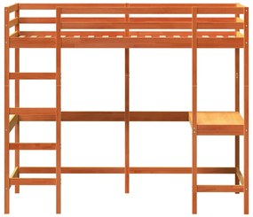 Cama alta c/ secretária 100x200 cm pinho maciço castanho-mel