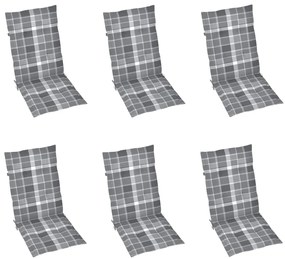 Cadeiras jardim c/ almofadões xadrez cinzento 6 pcs teca maciça