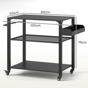Carrinho de Apoio para churrasqueiras de 3 Níveis com 4 Rodas Prateleiras Mesa de Apoio para Forno de Pizza 105x50x79 cm Preto