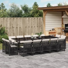 vidaXL 15 pcs conjunto de jantar p/jardim com almofadões vime PE preto